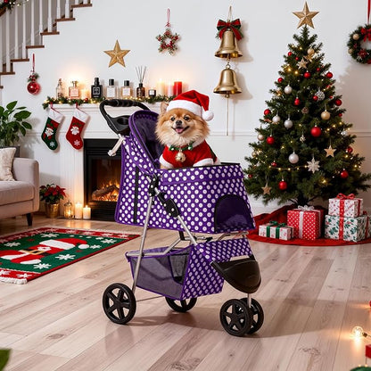 MoNiBloom 3 Wheels Pet Dog Cat Stroller for Small Medium Dogs Cats, Foldable Jogger Stroller w/Storage Basket and Cup Holder, Purple Polka Dots