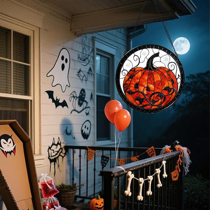 Stained Glass Window Hanging - Halloween Red White Scary Pumpkin Suncatcher for Doors Garden Home Spooky Rattan Sun Catchers Gothic Decor Horror Gifts for Women Men Friend Boy Girl 9.8 in