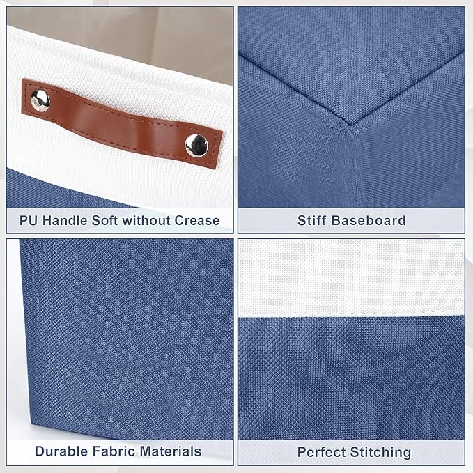 13x13 Cube Storage Bins, Collapsible Fabric Storage Box, 4 Pack Closet Baskets with Handles for Organizing, Shelf, Toys, Clothes, Home, Office, Nursery (NavyBlue&White)