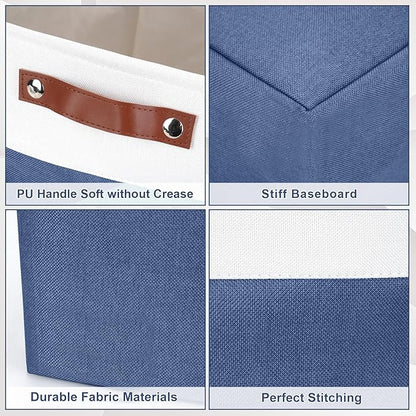 13x13 Cube Storage Bins, Collapsible Fabric Storage Box, 4 Pack Closet Baskets with Handles for Organizing, Shelf, Toys, Clothes, Home, Office, Nursery (NavyBlue&White)