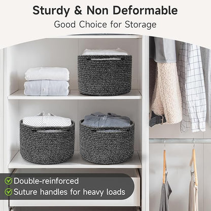 Small Rope Baskets for Storage, Baskets for Gifts Empty, Cute Round Woven Basket, Decorative Shelf Baskets 9.82×9.82×7.1", Cotton Toy Basket Storage Bins for Organizer 3 Packs Black
