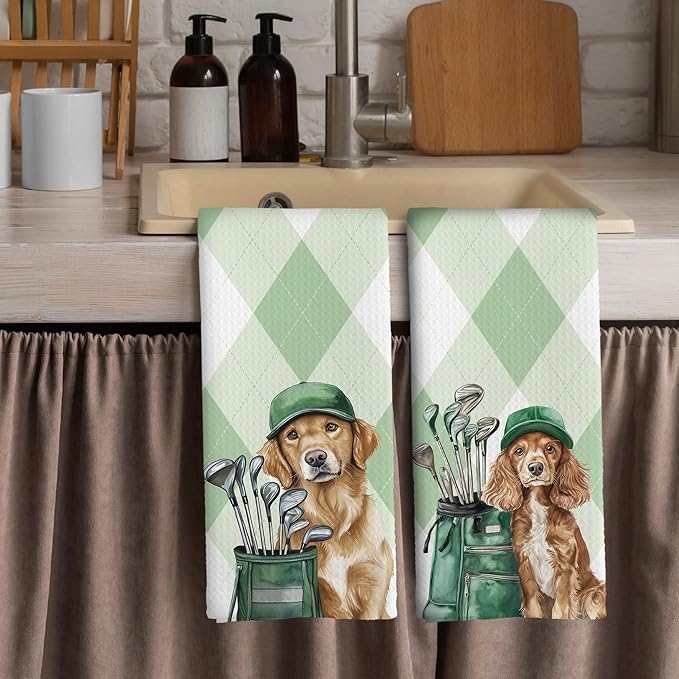 Golf Dog Kitchen Towels - Golden Retriever Cocker Spaniel Dish Towels, Sports Gifts, Pet Golf Club Decorative Absorbent Dishcloths Hand Towels Set of 2 for Spa Kitchen Gym Decor 16x24 Inches