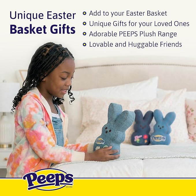 Animal Adventure | 9" Blue Denim Shaggy Bunny Peeps Plush | Easter Basket Stuffed Animals for Kids | Marshmallow Candy | Huggable Ultra Soft Plushie Stuffers Buddy Toy | Collectable Gifts | Aged 3+