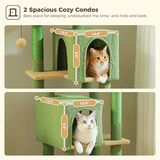 MUTTROS 62" Cat Tree for Indoor Cats, Multi-Level Cat Tower for Large Cats with Scratching Posts, 2 Spacious Plush Condos, Padded Perch, Soft Cat Bed, Scratching Pad & 2 Pompoms, Green