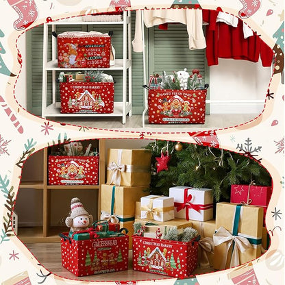 4 Pack Christmas Storage Bin Collapsible Large Christmas Gingerbread Man Storage Baskets for Gifts Canvas Laundry Basket Foldable Box with Handle for Office Home Bedroom Clothes Toys Decor