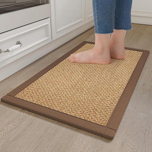 Anti Fatigue Kitchen Rugs Mat Non Slip Washable, 0.4" Thick Soft Cushioned Absorbent Kitchen Mats for Floor, Jute-Like Woven Laundry Standing Mats Sink Mat, Easy Clean Care, Brown 17"x30"