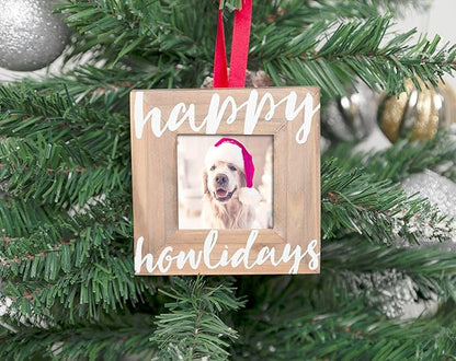 Pearhead Happy Howlidays Wooden Christmas Photo Ornament, Rustic Dog Picture Frame Christmas Tree Keepsake