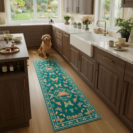 Unirea 2x6 Dark Blue Runner Rug, Washable Non Slip Insect Botanical Rug for Hallway, Kitchen, Bathroom, Laundry Room, Entryway, Bedroom, Soft Boho Door Mat Indoor Entrance Bug Rugs, Low Pile Carpet
