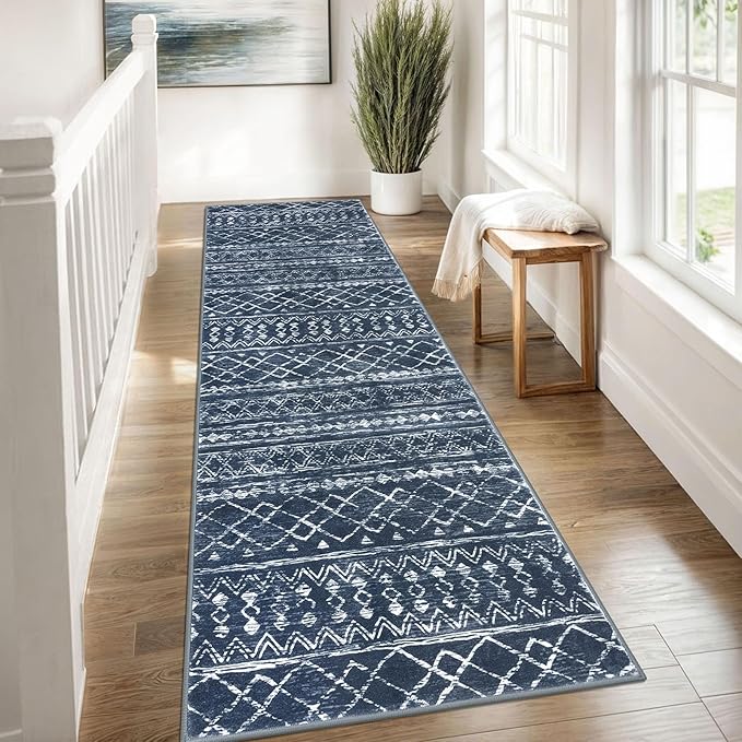 KUTA Moroccan Washable Runner Rug 2.6x8, Non-Slip Vintage Navy Blue Boho Hallway Runners Rugs Ultra Soft Print Distressed Geometric Floor Carpet for Bedroom Laundry Living Room