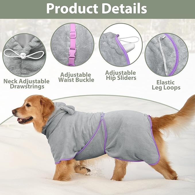 Dog Bathrobe Super Absorbent Towel Robe - Microfiber Bath Towels Fast Drying Coat for Dogs, Cute Dogs Clothes Adjustable Collar & Belly Strap Warm Keeping Hooded Dog Towel (Grey, XX-Large)