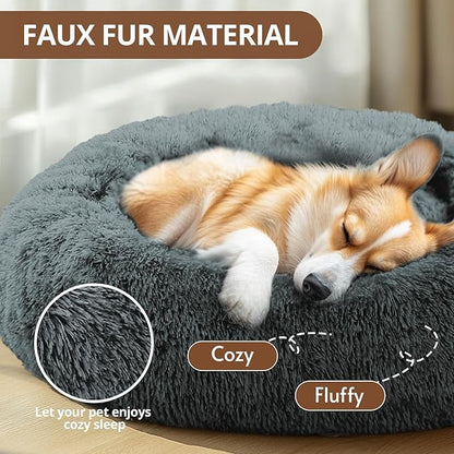 JOLLYVOGUE Calming Dog Beds Large Sized Dog, 36in Donut Washable Large Pet Bed, Anti-Slip & Anti-Anxiety Fluffy Faux Fur Round Dogs Bed, Fits up to 80 lbs Pets (Navy Grey)