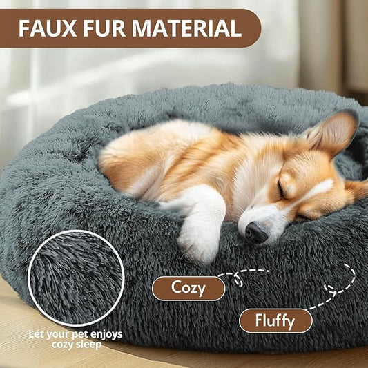 JOLLYVOGUE Calming Dog Beds Large Sized Dog, 36in Donut Washable Large Pet Bed, Anti-Slip & Anti-Anxiety Fluffy Faux Fur Round Dogs Bed, Fits up to 80 lbs Pets (Navy Grey)