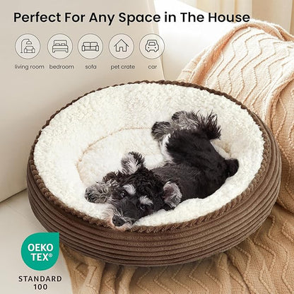 Love's cabin Round Donut Cat and Dog Cushion Bed, 25in Pet Bed for Small or Medium Dogs, Anti-Slip & Water-Resistant Bottom, Soft Durable Fabric Pet Beds, Washable Calming Cat Bed Brown Stripe
