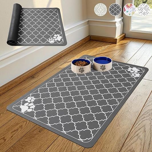 KOOLTAIL Dog Food Mat, Absorbent Pet Feeding Mat for Food and Water Bowls, Placement Pad for Floors with Waterproof Rubber Backing, Quick Dry Water Dispenser Mat for Dogs Puppy Cats, Grey, 16"x24"