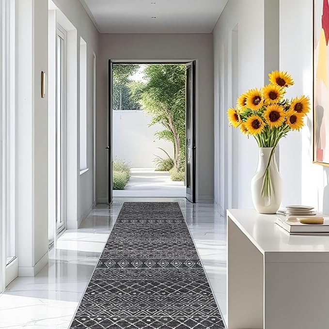 3x12 Runner Rug for Hallway - Long Kitchen Runner Machine Washable Non Slip Rug Runner Moroccan Floor Mat Low Pile Indoor Carpet for Bedroom Entryway 3x12 Black