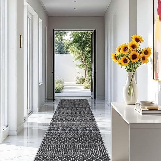 3x12 Runner Rug for Hallway - Long Kitchen Runner Machine Washable Non Slip Rug Runner Moroccan Floor Mat Low Pile Indoor Carpet for Bedroom Entryway 3x12 Black