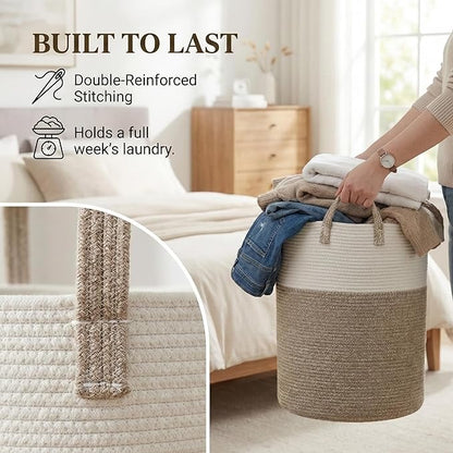 Large Woven Laundry Basket Hamper,100L Cotton Rope Storage Bin for Blankets,Toys and Clothes,Decorative Tall Nursery Hamper for Living Room,Baby Nursery,Bathroom and Bedroom,Brown