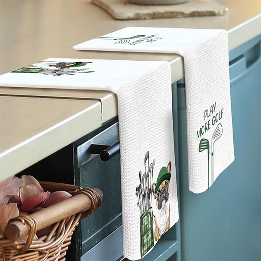 Golf Dog Kitchen Towels - French Bulldog Dish Towels, Sports Gifts, Pet Golf Club Decorative Absorbent Dishcloths Hand Towels Set of 2 for Spa Kitchen Gym Decor 16x24 Inches