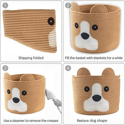 Medium Dog Woven Baskets with Handle, Dog Toy Hamper, Cotton Rope Dog Toy Storage Baskets for Pet, Animal Basket for Kids, Baby Gift Baskets for Dog Lovers, Khaki