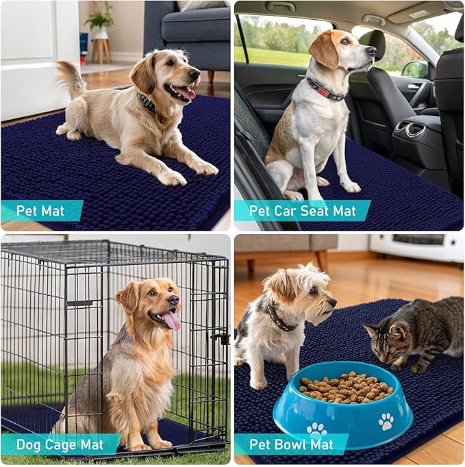 OLANLY Dog Door Mat for Muddy Paws 36x24, Absorbs Moisture and Dirt, Absorbent Non-Slip Washable Doormat, Quick Dry Chenille Mud Mat for Dogs, Entry Indoor Entryway Carpet for Inside Floor, Navy Blue