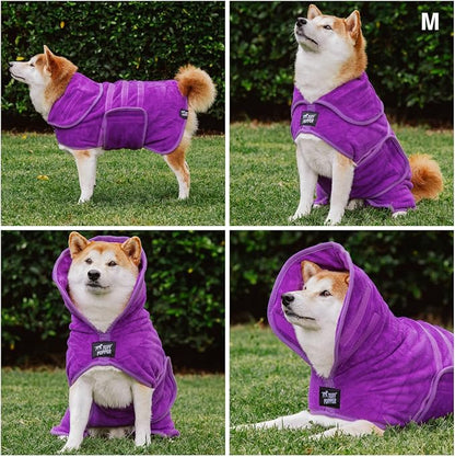 Tuff Pupper Fast Drying Dog Bath Robe | 800 GSM Plush Dog Towel Bathrobe/Dressing Gown | Super Absorbent Pet/Puppy Bathrobe | Adjustable Hood & Belly Strap | Super Soft | Fast Drying (M, Purple)