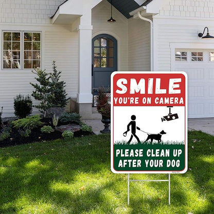 Clean UP After Your Dog Signs, 2-Pack 12.6"x 9.4" Double-Sided H-Stake Metal Stakes Smile Your on Camera Signs, Corrugated Plastic
