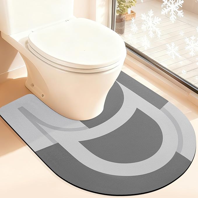 ACCUMTEK Toilet Rugs, Ultra Thin Absorbent Contour Bathroom Rugs for Toilet, Dry Quickly, Machine Washable, Upgrade Backing Non-Slip Bath Mat, Grey/Bordered/U-Shaped 24"x20"