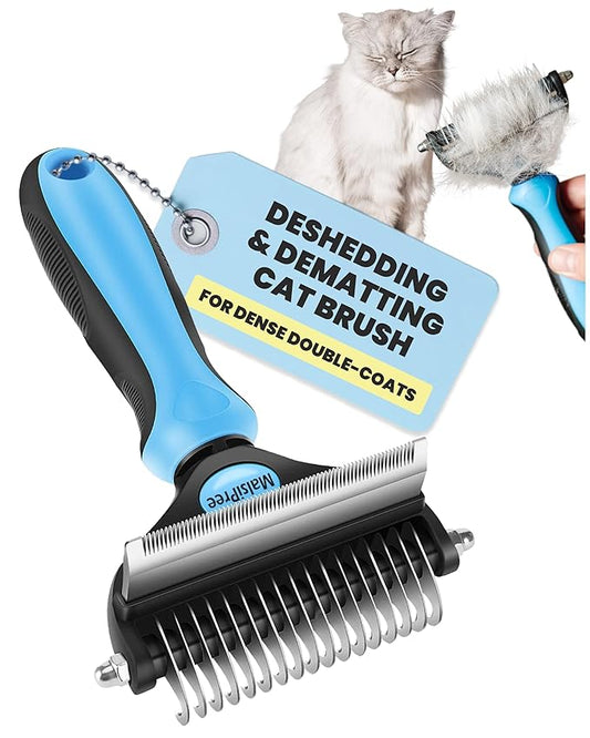 MalsiPree 2-in-1 Cat Brush for Shedding - Double-Sided Undercoat Rake for Long Haired Cats - Professional Dematting Tool for Dense Double-Coats - Gentle Deshedding Brush for Kittens, Blue