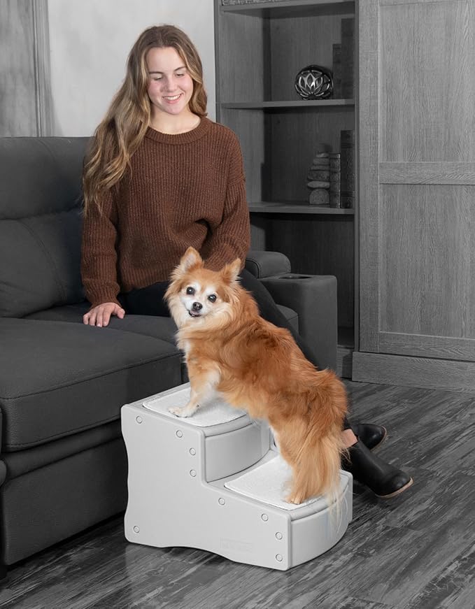 Pet Gear Easy Step II Pet Stairs, 2 Step for Cats/Dogs up to 75-pounds, Portable, Removable Washable Carpet Tread, No Tools Required, Fog