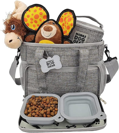 Mobile Dog Gear Week Away Dog Travel Bag (12"x6"x11", Heathered Gray) - Includes 2 Pet Food Storage Containers + 2 Collapsible Dog Water Bowls - Airline Approved Accessories, Great for Weekend Trips