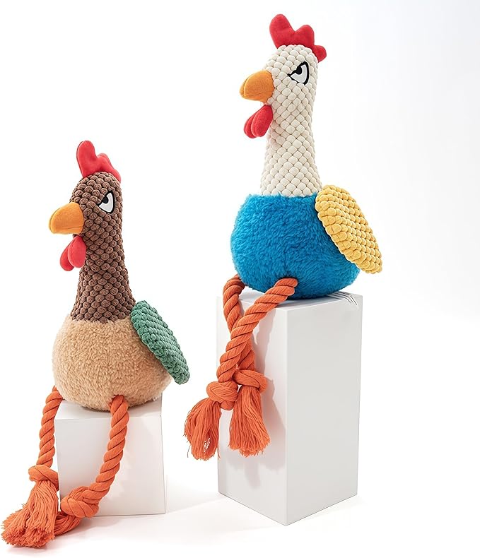 Plush Chicken Dog Toy with Squeaker, Interactive Rope Legs for Small and Medium Dogs, Multicolor Tug and Fetch Chew Rooster Toy