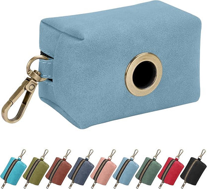 Didog Classic Dog Poop Bag Holder, Easy-Pull and Elegant PU Leather Pet Waste Bag Dispenser for Leash with Carabiner Clip, Includes 1 Roll Dog Waste Bag for Daily Walking,Denim Blue