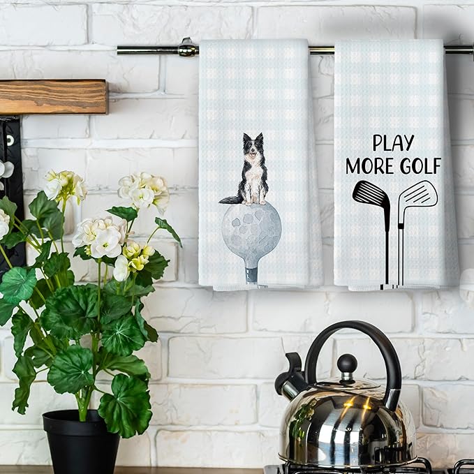 Golf Dog Kitchen Towels - Border Collie Dish Towels, Sports Gifts, Pet Golf Club Decorative Absorbent Dishcloths Hand Towels Set of 2 for Spa Kitchen Gym Decor 16x24 Inches