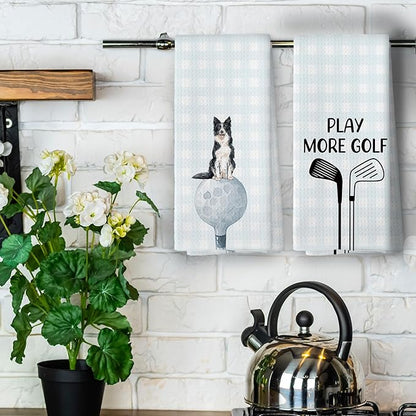 Golf Dog Kitchen Towels - Border Collie Dish Towels, Sports Gifts, Pet Golf Club Decorative Absorbent Dishcloths Hand Towels Set of 2 for Spa Kitchen Gym Decor 16x24 Inches