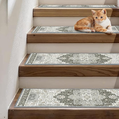 Non Slip Stair Treads for Wooden Steps 15PCS - 8"x30" Indoor Safety Carpet, Edging Mats with TPE Adhesive Backing, Pet and Elderly Friendly Stair Rugs (Tawny Grey)