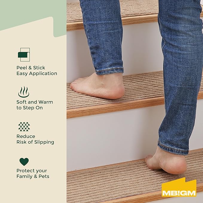MBIGM 8" X 30" (15 in Pack) Non-Slip Carpet Stair Treads Non-Skid Safety Rug Slip Resistant Indoor Runner for Kids Elders & Pets with Reusable Adhesive - Cornstalk - Carpet Pads for Stairs