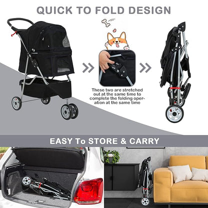3 Wheels Dog Stroller, Foldable Pet Stroller for Small Medium Dogs, Portable Breathable Cat Stroller Dog Strollers with Storage Basket, Cup Holders, Removable Liner for Travel & Outdoor Use, Black