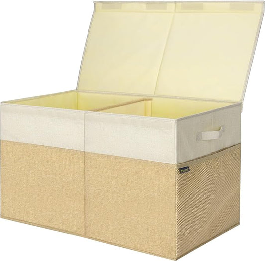 BALEINE Fabric Storage Bins with Lid, Collapsible Extra Large Storage Boxes Bins Baskets with Divider for Home Organizing (25"x13"x16", Khaki&Beige)