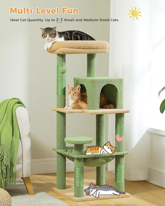 MUTTROS Cactus Cat Tree for Indoor Cats, 45.7" Multi-Level Cat Tower with Large Metal Frame Hammock, Cat Condo with 4 Scratching Posts and Top Perch, Green