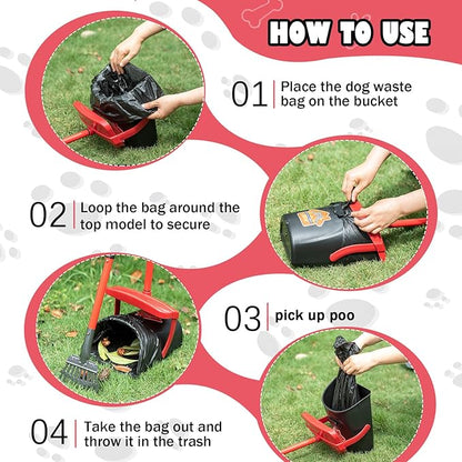 Dog Pooper Scooper With Bag Attachment,Heavy Duty Metal Rake&Spade Swivel Bin,NonBreakable Poop Scoop for Small Large Dogs,Includes 100 Waste Bag Odorless Design Easy to Use on Grass,Dirt,Gravel