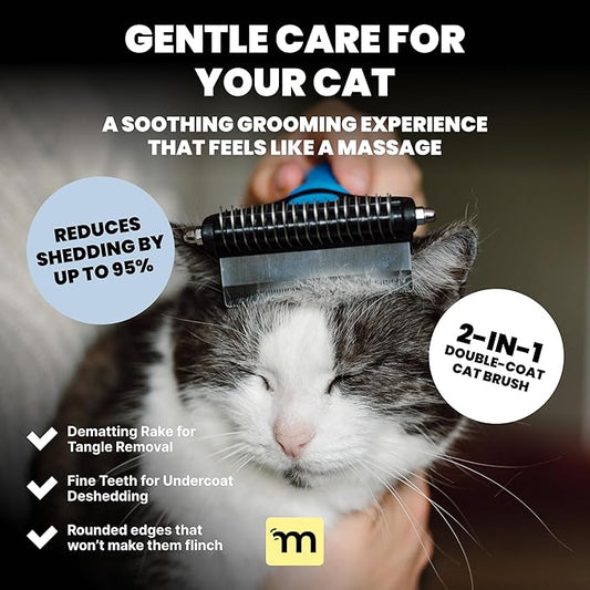 MalsiPree 2-in-1 Cat Brush for Shedding - Double-Sided Undercoat Rake for Long Haired Cats - Professional Dematting Tool for Dense Double-Coats - Gentle Deshedding Brush for Kittens, Blue