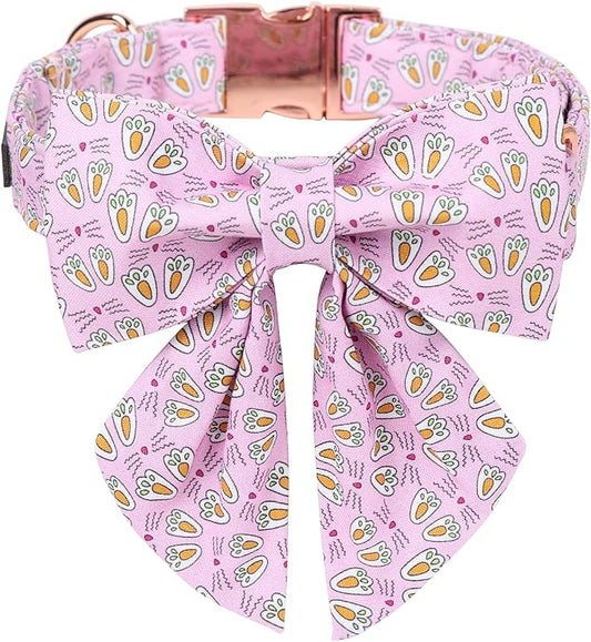 Maca Bates Rabbit Foot Dog Collar with Sailor Bow Tie for Medium Girl Boy Dogs, Pink Bunny Pattern,Adjustable Durable Soft Breakaway Collars Easter Day Gift for Male Female Puppy