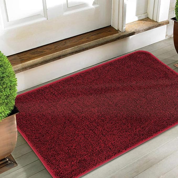 ITSOFT Dirt Trapper Indoor Door Mat & Entrance Rug for Wet Muddy Shoes and Pet Paws, Non-Slip Machine Washable, Shoe Scraper, Absorbent Welcome Dog Mat for Front Door, Entry Way (35x24, Red & Black)