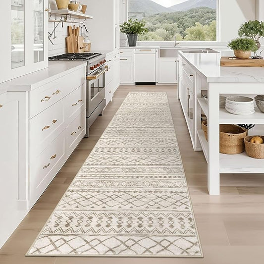 KUTA Moroccan Washable Hallway Runner Rug, 2.6x12 Non-Slip Vintage Beige Boho Kitchen Rugs Ultra Soft Distressed Geometric Floor Carpet Runners for Bedroom Laundry Living Room