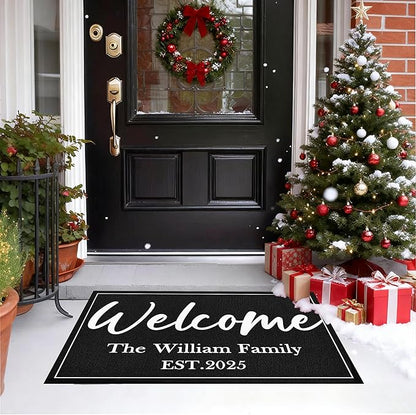 Custom Doormat with Family Name Personalized Welcome Entryway Door Mat Front Door Mat for Outdoor Decor Entrance Mat Customised Rug Christmas Housewarming Gift with Anti-Slip Backing