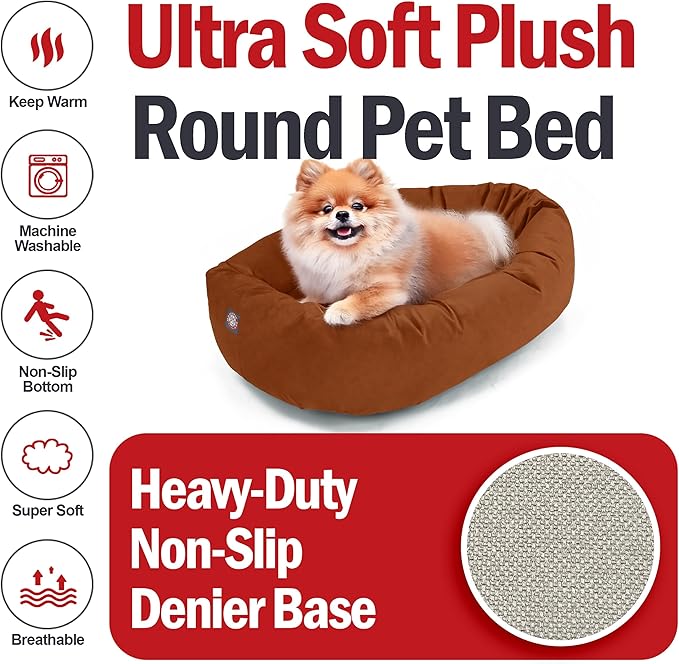 Majestic Pet 24 Inch Suede Calming Dog Bed Washable – Cozy Soft Round Dog Bed with Spine Support for Dogs to Rest Their Head - Fluffy Donut Dog Bed 24x19x7 (Inch) - Round Pet Bed Small – Rust (2025)
