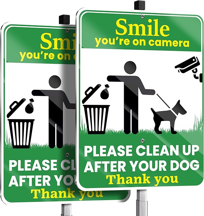 Clean Up After Your Dog Signs, Smile Youre on Camera Signs, 10 x 13 Inch Reflective Aluminum Outdoor Yard Signs with 28 Inch Metal Stake, 2 Pack