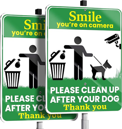 Clean Up After Your Dog Signs, Smile Youre on Camera Signs, 10 x 13 Inch Reflective Aluminum Outdoor Yard Signs with 28 Inch Metal Stake, 2 Pack