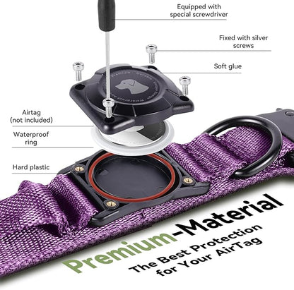 2026 Upgrade Waterproof AirTag Dog Collar, Military Tactical Dog Collar with AirTag Holder, Comfortable Control Handle and Metal Buckle, GPS Dog Collar Holder for Medium to Large Dogs (Purple, M)