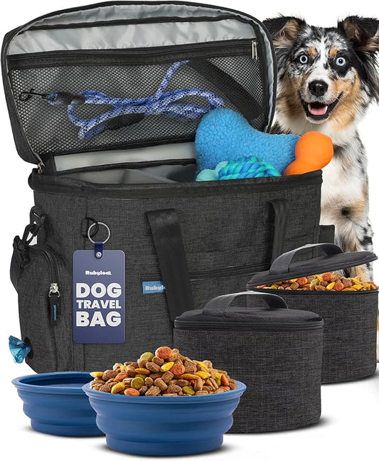 The Original Doggy Bag™ - Complete Dog Travel Bag for Supplies with 2 BPA-Free Travel Dog Bowls & 2 Pet Food Containers - Traveling Kit for Road Trips, Camping, Weekend Away or Doggy Gift: Charcoal